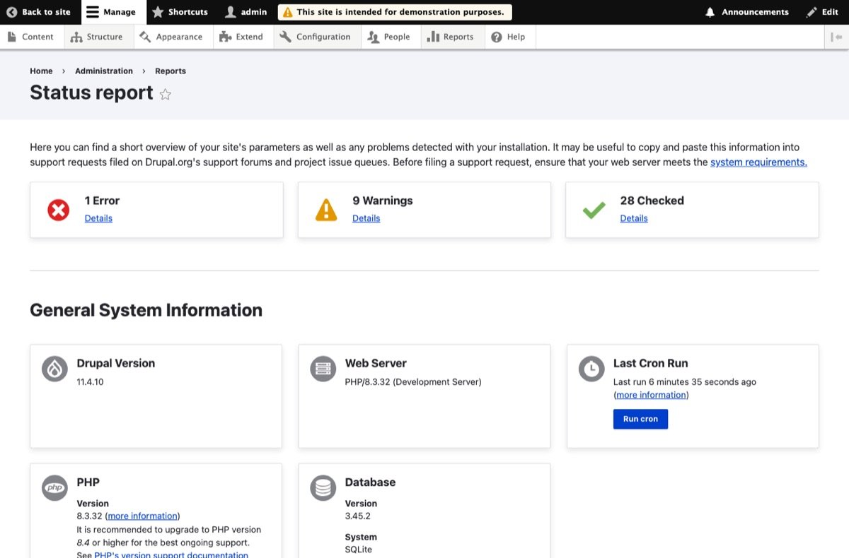 Drupal status report showing Drupal 11.4.10