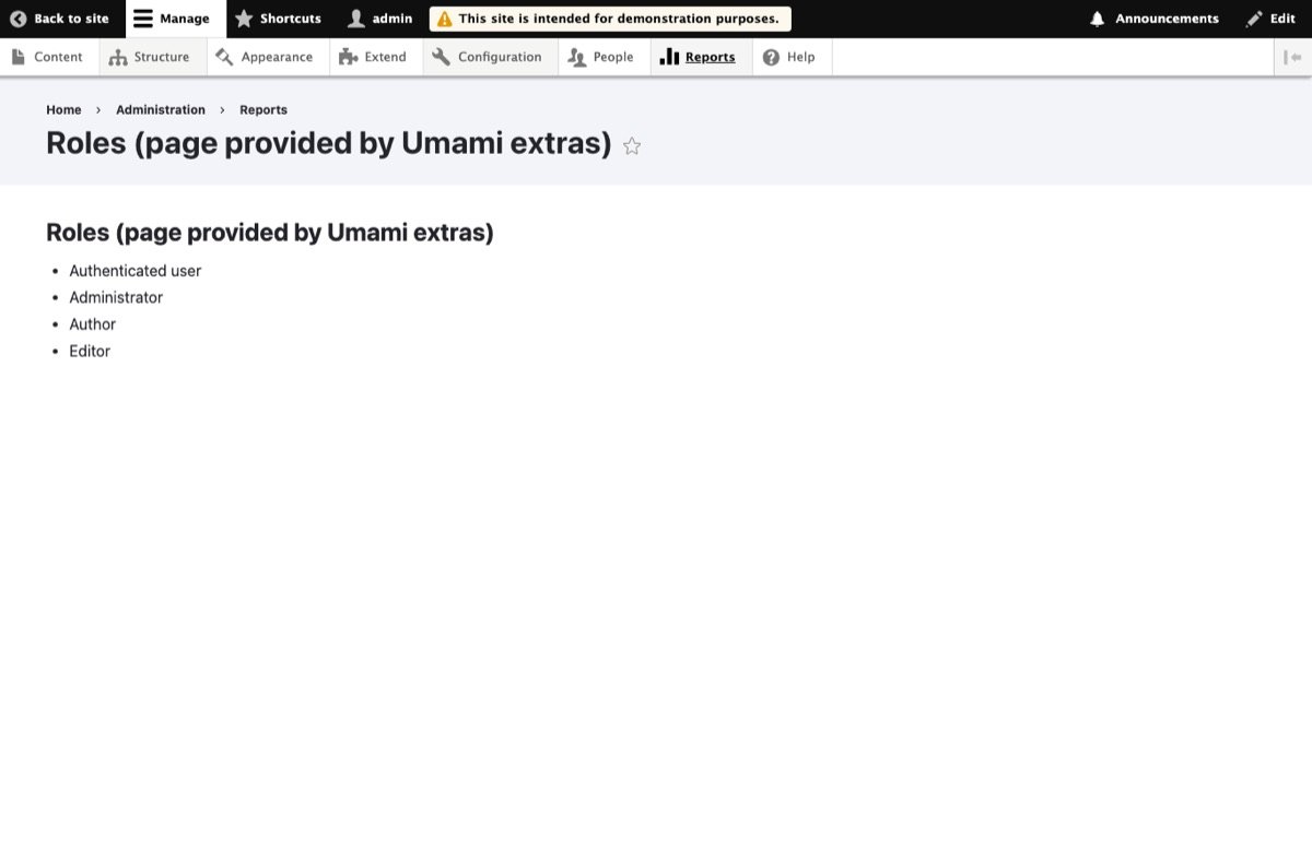 The custom module's roles page listing four roles after the upgrade