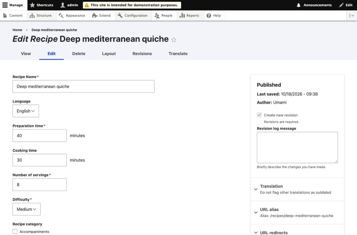 Editing a recipe in the Drupal admin after the upgrade